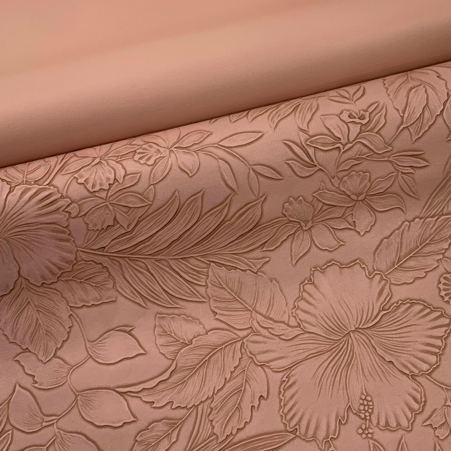 RESTOCK APRIL 2026 ANTIQUE BRASS PINK “Embossed Tropics” Faux Leather Large and Half Yard Rolls