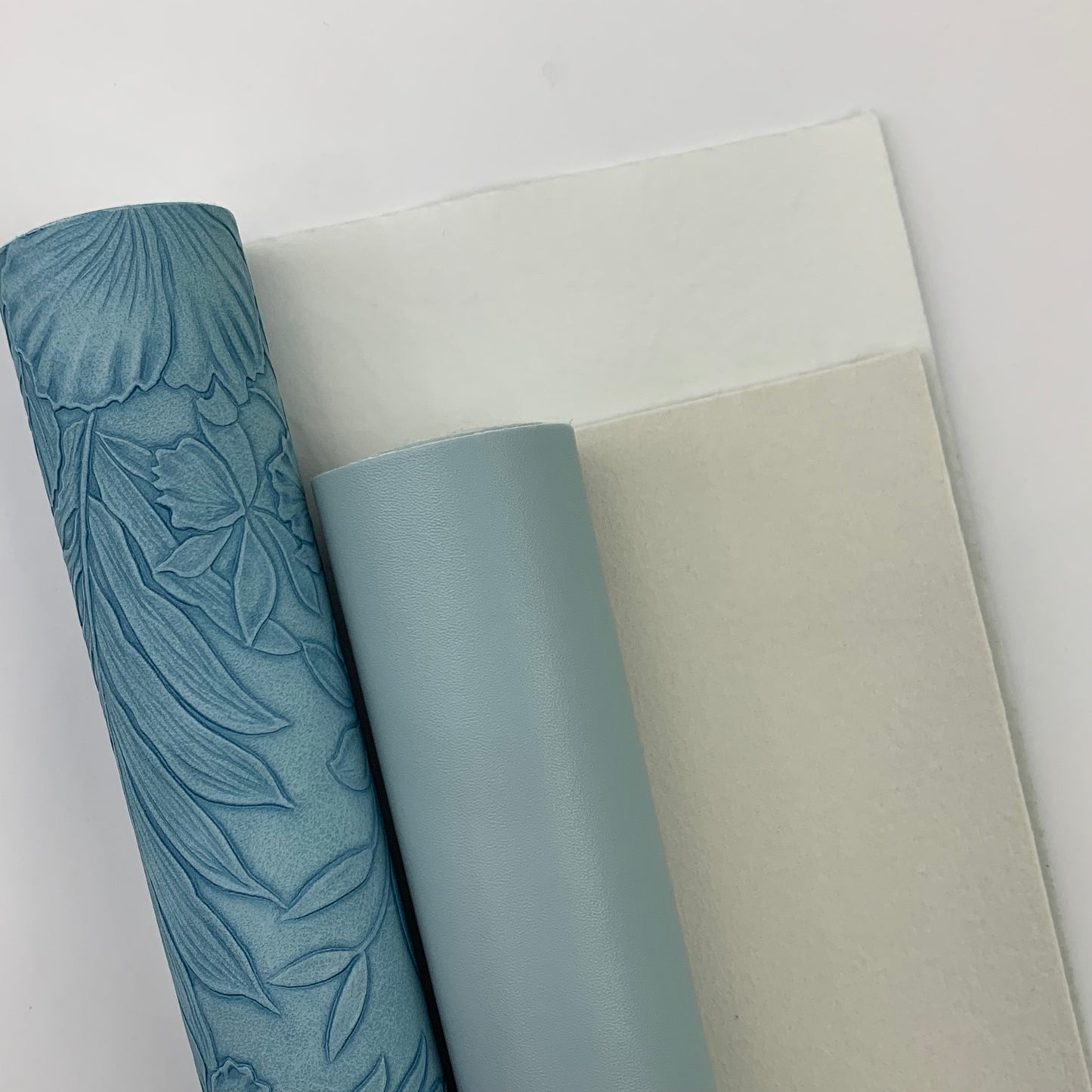 RESTOCK APRIL 2026 MOONSTONE BLUE “Embossed Tropics” Faux Leather Large and Half Yard Rolls