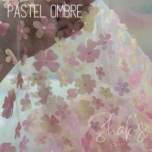 Pastel Ombre 3D Flower Embroidery Mesh Two Way Stretch Fabric