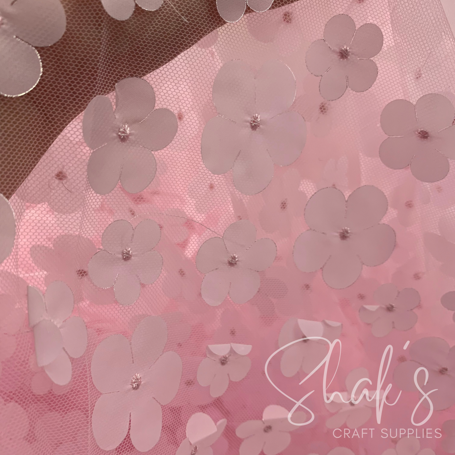 Pink 3D Flower Embroidery Mesh Two Way Stretch Fabric