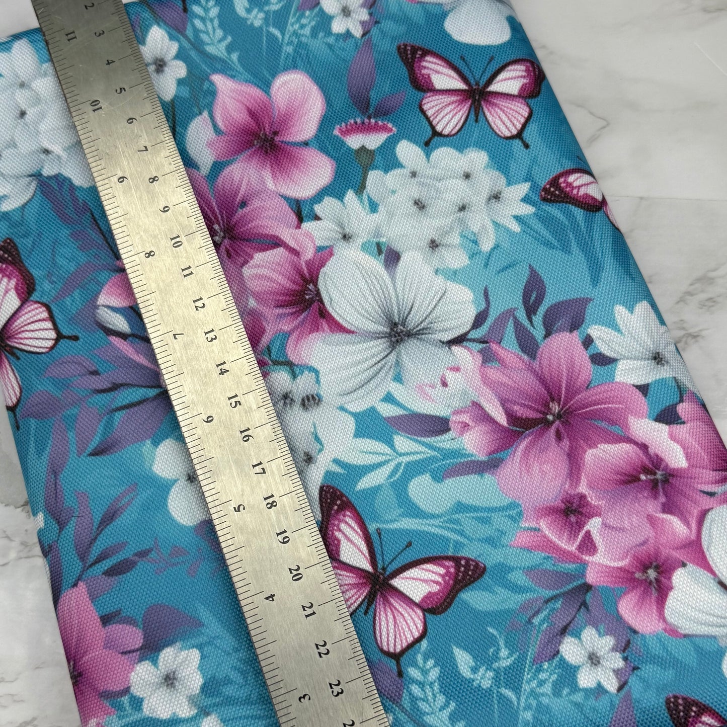 Aqua Butterfly Floral 600d Oxford Waterproof Polyester Canvas with PVC Backing H2ONoMo