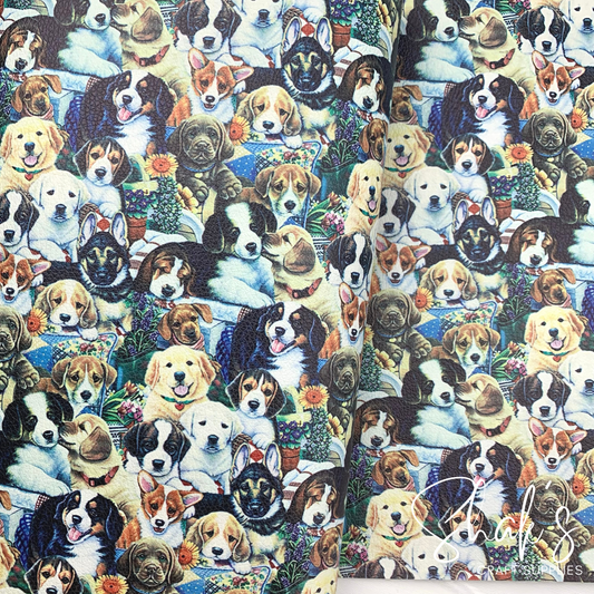 Garden Puppies Classic Puppy Dog Print Vegan Leather Fabric