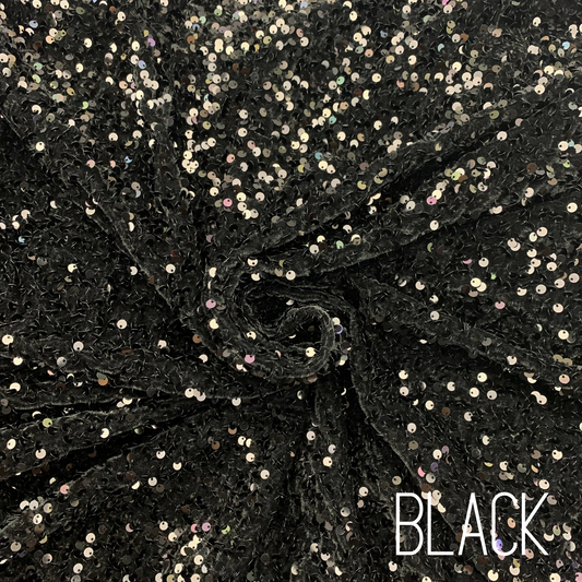 Black Sequin Velvet Four Way Stretch Fabric