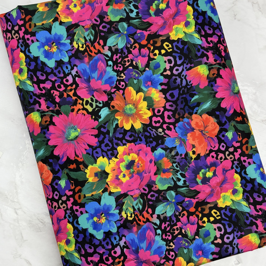 Neon Leopard Floral HydroReminisce™ Bonded Polyester Waterproof Fabric