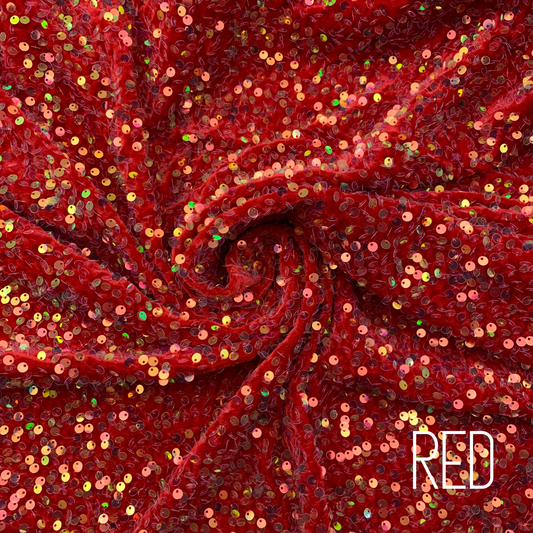 Red Sequin Velvet Four Way Stretch Fabric