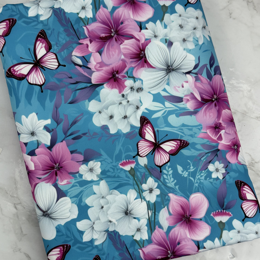 Aqua Butterfly Floral HydroReminisce™ Bonded Polyester Waterproof Fabric
