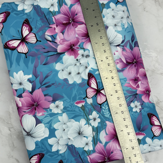 Aqua Butterfly Floral HydroReminisce™ Bonded Polyester Waterproof Fabric