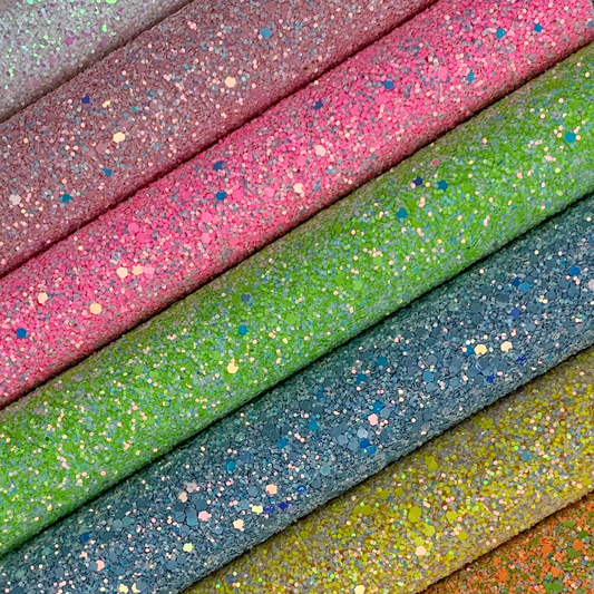 Neon Iridescent Chunky Glitter Faux Leather Sheet with Soft Polyester Backing