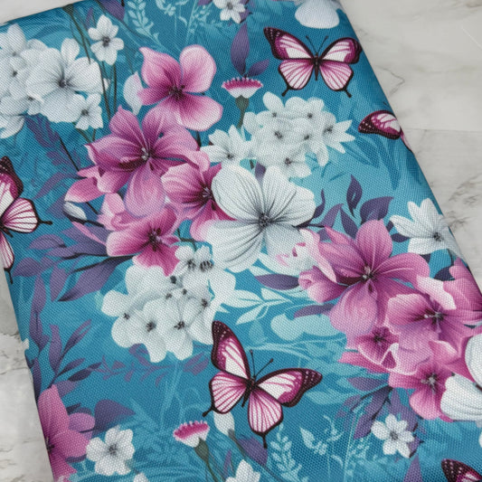Aqua Butterfly Floral 600d Oxford Waterproof Polyester Canvas with PVC Backing H2ONoMo