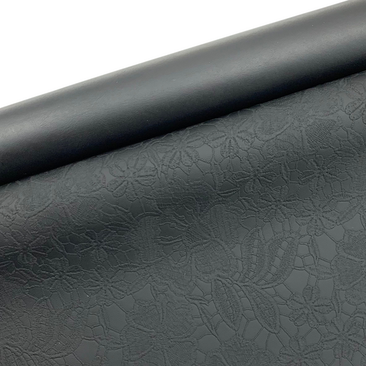 ONYX Black "Embossed Blooms" Faux Leather Half Yard Roll
