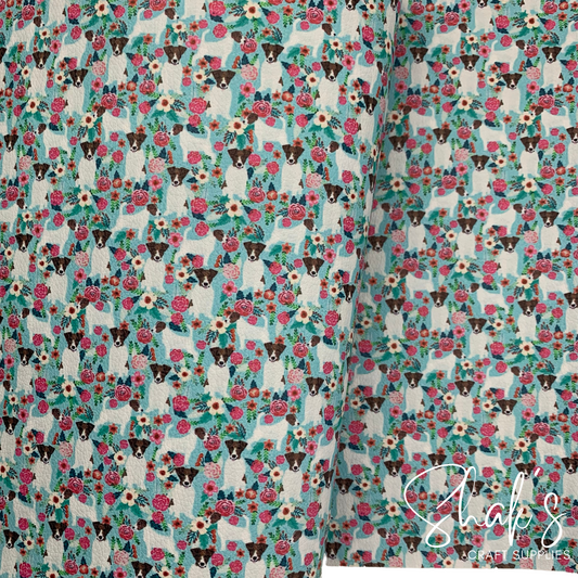 Terrier Dog Floral Print Vegan Leather Fabric