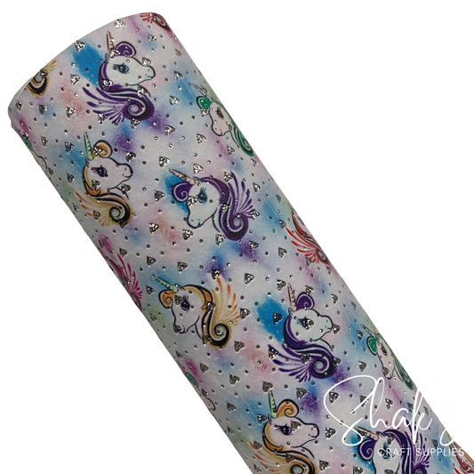 Unicorn Embossed Glitter Hearts Print Vegan Leather Sheet