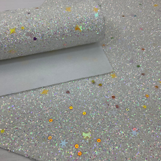 White Chunky Glitter Mixed Sequin Snowflake Bows with Premium Matching Color Backing